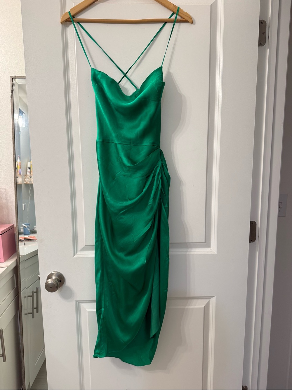 Amanda Uprichard Emerald Green Satin Cowl Midi Dress